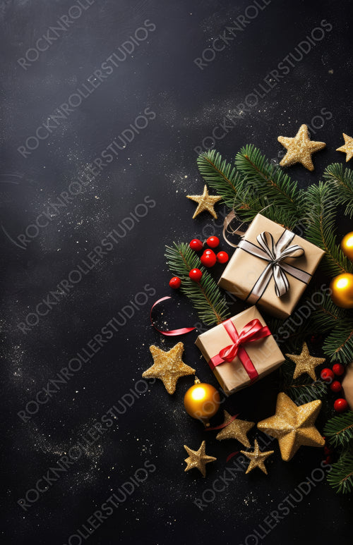 Christmas dark black background with beautiful texture and Golden gift box with gold ribbon, fir branches, cones, stars, top view, copy space.