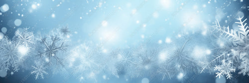 Christmas winter snow background with fir branches macro with soft focus and snowfall in blue tones with beautiful bokeh. Banner format, copy space.