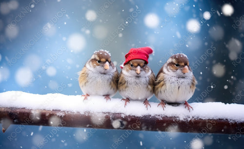 Cute funny merry Christmas sparrows in the New Year with a red cap during a snowfall. Merry Christmas and Happy New Year.
