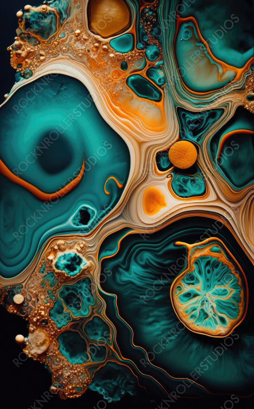 Abstract Art Wallpaper. Paint Swirls in Beautiful Teal and Orange colors, with Gold Glitter. Generative AI.
