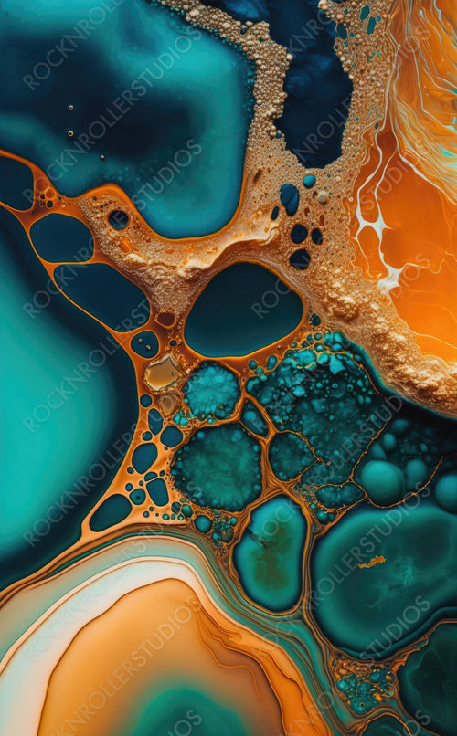 Flowing Elegant Acrylic Pour Wallpaper in Beautiful Teal and Orange colors. Paint texture with Gold Powder. Generative AI.