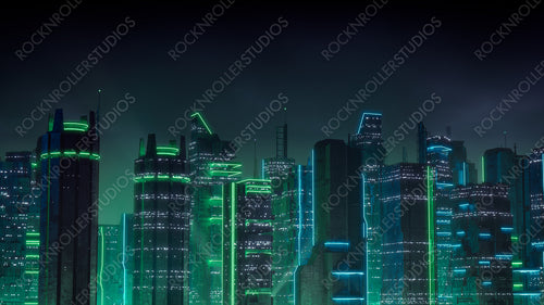 Futuristic Metropolis with Green and Blue Neon lights. Night scene with Futuristic Skyscrapers.