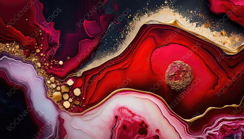 Beautiful Crimson Paint Swirls with Gold Glitter. Contemporary Design Wallpaper. Generative AI.