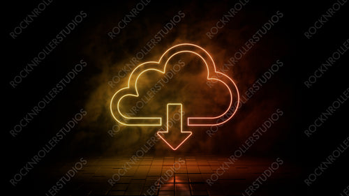Orange and yellow neon light cloud download icon. Vibrant colored technology symbol, isolated on a black background. 3D Render