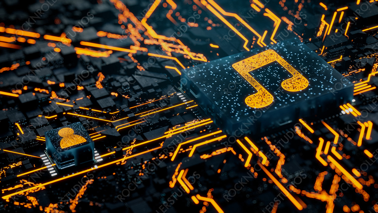 Audio Technology Concept with music symbol on a Microchip. Orange Neon Data flows between the CPU and the User across a Futuristic Motherboard. 3D render.