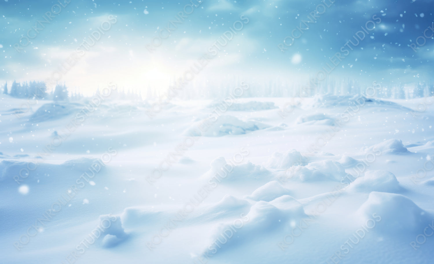 Beautiful background image of small snowdrifts, falling snow and snowflakes in white and blue tones.