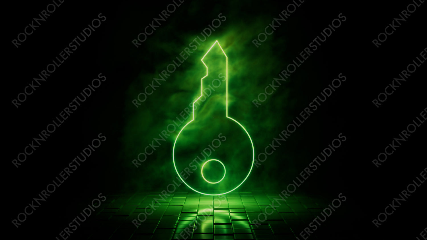 Green neon light key icon. Vibrant colored technology symbol, isolated on a black background. 3D Render