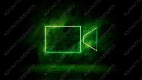 Green neon light video camera icon. Vibrant colored technology symbol, isolated on a black background. 3D Render
