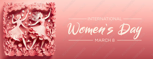 Lovely Paper Cut Banner to Celebrate International Woman's Day. Pink Floral Design with Dancing Ladies, Flowers and caption. Generative AI.