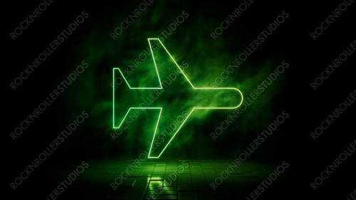 Green neon light airplane icon. Vibrant colored technology symbol, isolated on a black background. 3D Render