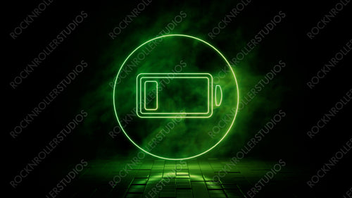 Green neon light low battery icon. Vibrant colored technology symbol, isolated on a black background. 3D Render