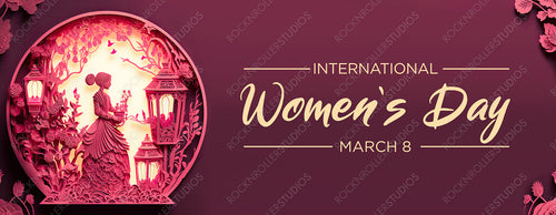Woman in a Pink Floral Design. Premium Paper Cut Banner with Lanterns and caption, to Celebrate International Woman's Day. Generative AI