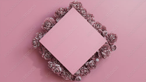 Diamond Floral Frame with Peony Border. Pink, Mother's Day or Valentine concept with copy space.