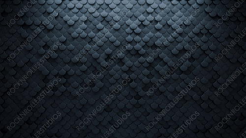 Fish Scale, Polished Mosaic Tiles arranged in the shape of a wall. 3D, Semigloss, Bricks stacked to create a Black block background. 3D Render