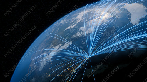 Earth in Space. Blue Lines connect New York, USA with Cities across the World. Global Travel or Networking Concept.