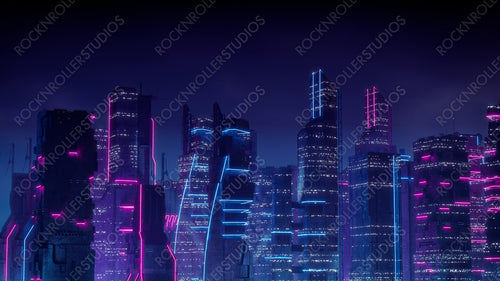 Cyberpunk City Skyline with Blue and Pink Neon lights. Night scene with Futuristic Superstructures.