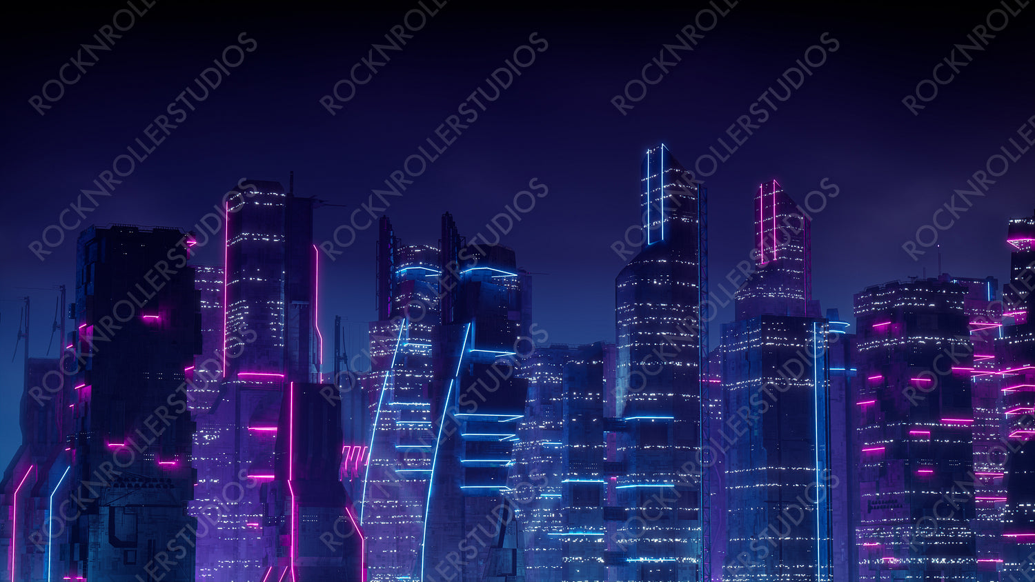 Cyberpunk City Skyline with Blue and Pink Neon lights. Night scene with Futuristic Superstructures.