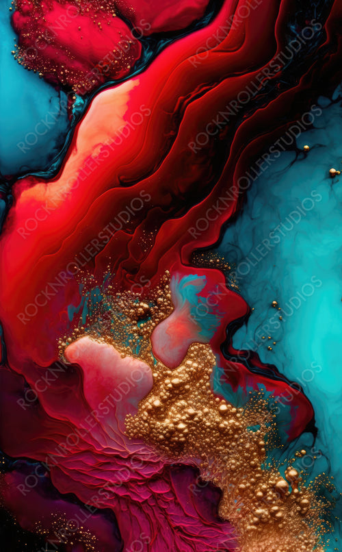 Elegant Marbling Background. Paint Swirls in Beautiful Crimson colors, with Gold Powder. Generative AI.