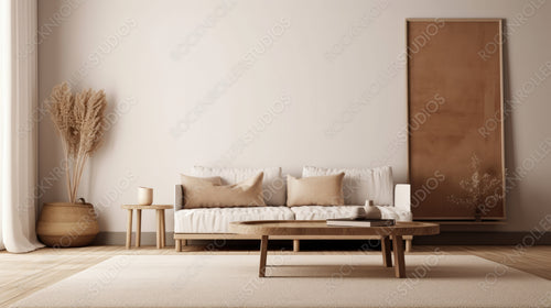 Wabi-Sabi Living Room Background. Contemporary Interior Design. Generative AI.