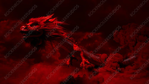 Chinese New Year Concept with Flying Dragon against a Cloudy Sky. Red design with copy-space.