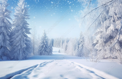Winter Christmas scenic landscape with copy space. Tracks in the snow, white trees in forest covered with snow, snowdrifts and snowfall against blue sky in sunny day on nature outdoors, blue tones.