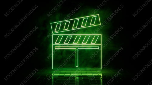 Green neon light movie icon. Vibrant colored technology symbol, isolated on a black background. 3D Render