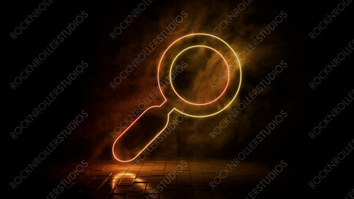 Orange and yellow neon light search icon. Vibrant colored technology symbol, isolated on a black background. 3D Render