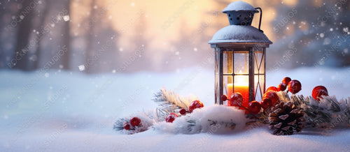 Christmas Lantern on Snow with Fir Branch in The Sunlight. Winter Decoration Background