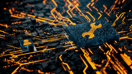 Configure Technology Concept with tool symbol on a Microchip. Orange Neon Data flows between the CPU and the User across a Futuristic Motherboard. 3D render.