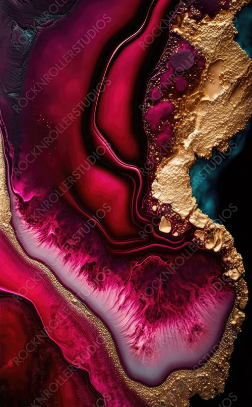 Liquid Swirls in Beautiful Crimson colors, with Gold Powder. Contemporary Design Wallpaper. Generative AI.