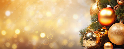 Christmas tree decorated with Golden balls on a blurred, sparkling and fabulous fairy background with beautiful bokeh, copy space.