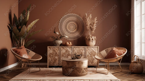 Ethnic Living Room. Stylish Interior Design Background. Generative AI.