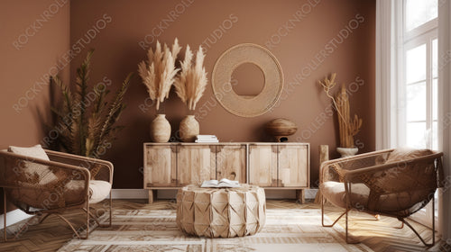Ethnic Living Room Background. Stylish Interior Design. Generative AI.