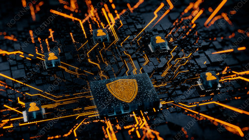 Security Technology Concept with shield symbol on a Microchip. Orange Neon Data flows between Users and the CPU across a Futuristic Motherboard. 3D render.