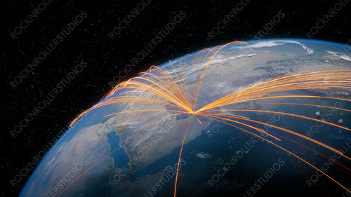 Earth in Space. Orange Lines connect Dubai, UAE with Cities across the World. Worldwide Travel or Communication Concept.