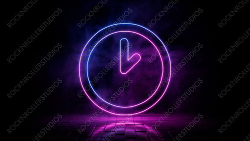 Pink and blue neon light clock icon. Vibrant colored time technology symbol, isolated on a black background. 3D Render
