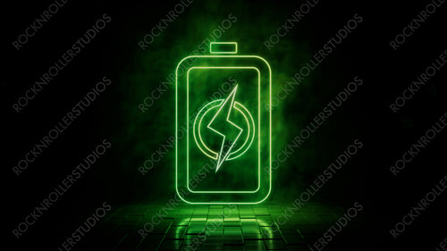 Green neon light battery icon. Vibrant colored technology symbol, isolated on a black background. 3D Render