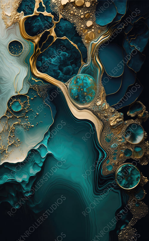 Beautiful Teal and Blue Liquid Swirls with Gold Glitter. Modern Art Wallpaper. Generative AI.