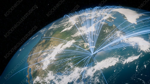 Earth in Space. Blue Lines connect Baltimore, USA with Cities across the World. Global Travel or Business Concept.