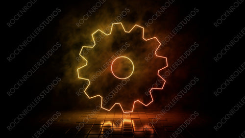 Orange and yellow neon light settings cog icon. Vibrant colored technology symbol, isolated on a black background. 3D Render
