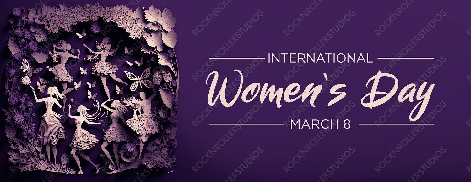 Dancing Women in a Purple Floral Design. Beautiful Paper Cut Banner with Flowers and Caption, to Celebrate International Woman's Day. Generative AI