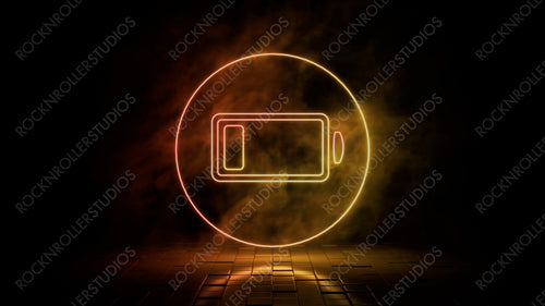 Orange and yellow neon light low battery icon. Vibrant colored technology symbol, isolated on a black background. 3D Render