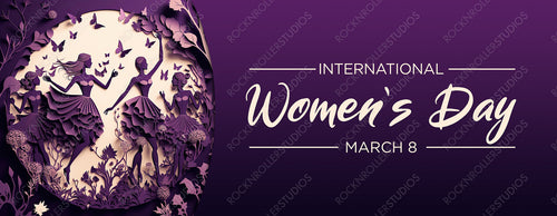 Dancing Women in a Purple Floral Design. Elegant Paper Cut Banner with Butterflies and Caption, to Celebrate International Woman's Day. Generative AI