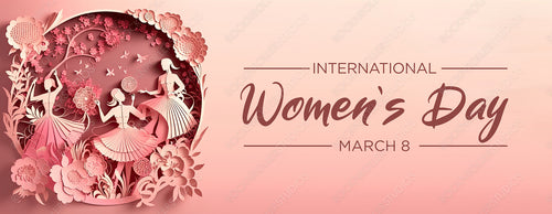 Dancing Ladies in a Pink Floral Design. Premium Paper Cut Banner with Flowers and caption, to Celebrate International Woman's Day. Generative AI