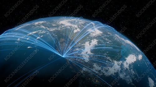 Earth in Space. Blue Lines connect Los Angeles, USA with Cities across the World. International Travel or Communication Concept.