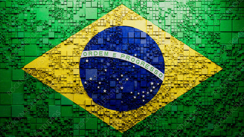 Flag of Brazil rendered in a Futuristic 3D style. Brazilian Innovation Concept. Tech Background.