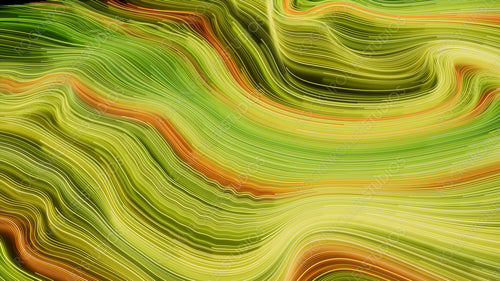 Green, Yellow and Orange Colored Stripes form Wavy Neon Lights Background. 3D Render.