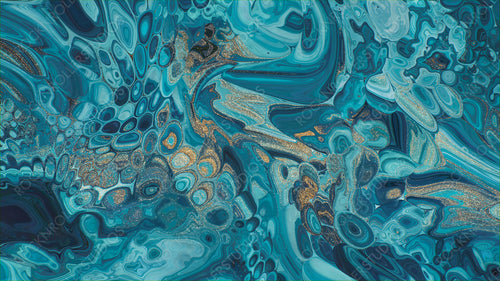 Beautiful Teal and Blue Paint Swirls with Gold Powder. Contemporary Art Background.