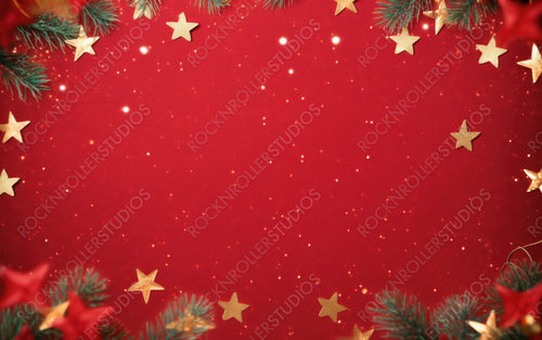 Christmas Background with Xmas Tree branches and Sparkle Bokeh Lights on Red Canvas Background. Merry Christmas Card. Winter Holiday Theme. Happy New Year. Space For Text