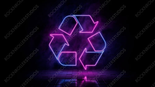 Pink and blue neon light recycle icon. Vibrant colored eco technology symbol, isolated on a black background. 3D Render